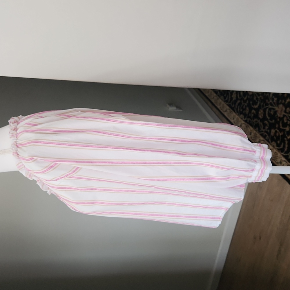 J. Crew Ruffle Neck Tie-Front Striped Blouse Cotton Popover Pink Tan Small - Picture 3 of 13